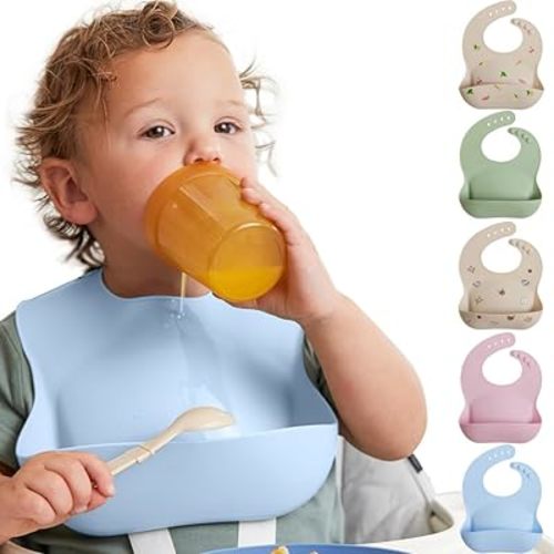 MIGHTY MONKEY BPA Free Waterproof Silicone Feeding Bib, Baby and Toddler Adjustable Food Catcher, Dishwasher Safe Bibs, Eating and Drinking Essentials for Boys, Girls, Drooling Teething Babies, Blue