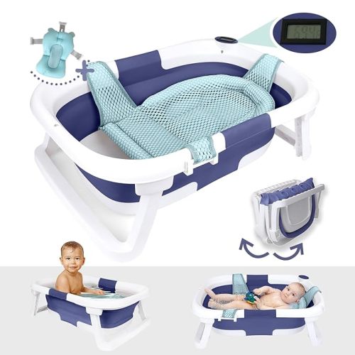 BEBELEH™ Collapsible Baby Bathtub with Thermometer – Bathtub + Baby tub Sling + Newborn Sling – Baby Bathtub Newborn to Toddler 0-24 Months – The Ultimate Baby Bath Tub! (with Thermometer,Gray)