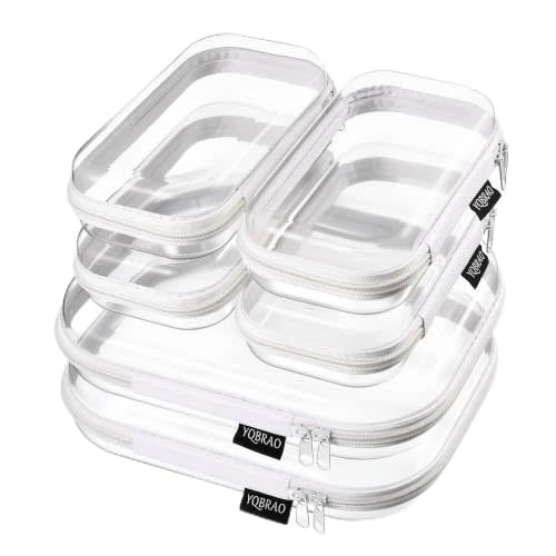 YQBRAO 6 Pack Clear Hard Shell Beauty Organizer (2M+4S), 1.2mm Crush-Proof Cosmetic Case, Reinforced YKK Zippers, Stadium Approved Security Bag for Skincare, Toiletries & Electronics, Multi-Size Set