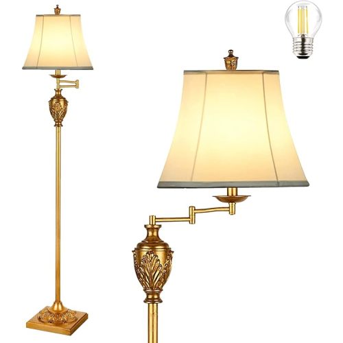 Traditional LED Floor Lamp with 350° Adjustable – Vintage Pole lamp Swing arm for Living Room, Bedroom and Office – Rustic Upright Floor Light for Home Décor with Faux Silk Fabric Shade