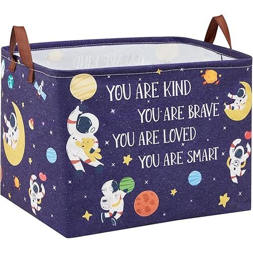 Space Room Decor Kid Storage Box,Boys Astronaut Planets Stars Organizer Toy Box Bin, Galaxy Spaceman Outer Space Blue Laundry Hamper for Baby Bedroom Classroom Nursery