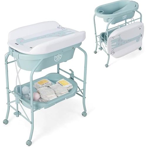 BABY JOY Baby Bathtub with Changing Table, Foldable Infant Diaper Changing Station with Storage Tray, Waterproof Pad, Portable Newborn Nursery Organizer Bath Stand with 4 Universal Wheels (Blue)