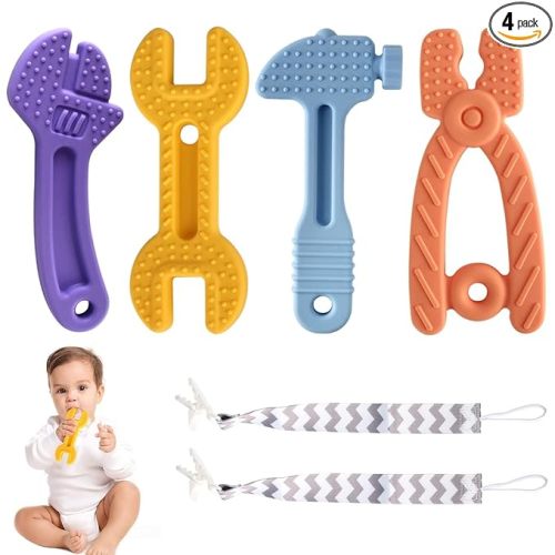 Yinghezu 4 Pack Chew Baby Teething Toys for 0-12 Months, Freezable BPA Free Silicone Baby Molar Teether Chew Toys, Hammer Wrench Spanner Pliers Shape Baby Girl's Boy Car Seat Toy