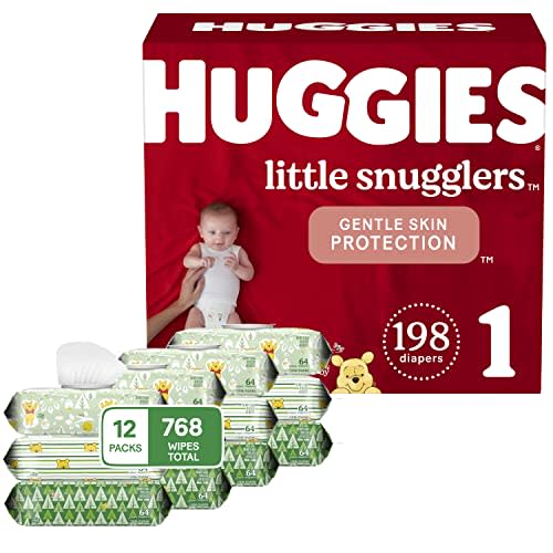 Huggies Bundle - Little Snugglers Baby Diapers, Size 1, 198 Ct, One Month Supply & Natural Care Sensitive Baby Wipes, Unscented, 12 Flip-Top Packs (768 Wipes Total)