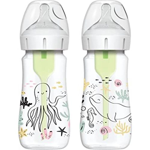 Dr. Brown’s Natural Flow® Anti-Colic Options+™ Wide-Neck Baby Bottle Designer Edition Bottles, Ocean Decos, 9 oz/270 mL, Level 1 Nipple, 2-Pack, 0m+