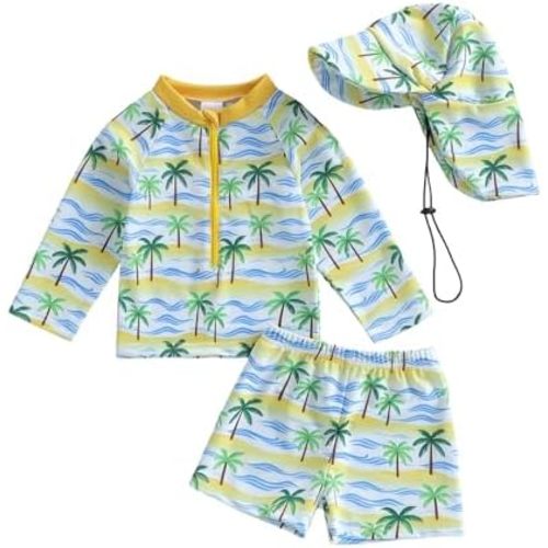 Hnyenmcko Toddler Baby Boys Swim Set Long Sleeve Rashguard Swimsuit Shirt Trunks Infant Bathing Suit Swimwear with Hat