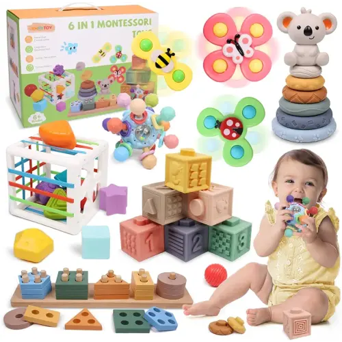 6-in-1 Montessori Baby Toys 0-6 6-12 Months, Infant Teething Toy Stacking Blocks Rings Shape Sorter Sensory Fidget Spinner Toys for Toddler 1-3, First Baby Gift Set for 6 Month Old Girls Boys