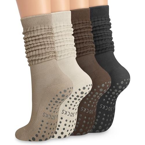YSense 4 Pairs Pilates Socks with Grips for Women Non Slip Long Slouch Socks Yoga Grippy Sock Slouchy Barre Hospital Slipper