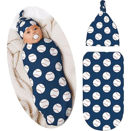 Baseball Newborn Swaddle Blanket Baby Stuff Baby Swaddling Blanket with Beanie Set Soft Sleeping Sack for Unisex Girls Boys