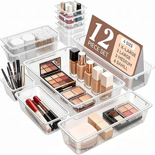 ElegantArray 12 PCS Drawer Organizer Set, 4 Sizes Tool Storage Trays, Clear Plastic Makeup Vanity Organizer and Storage Bins for Makeup, Stationeries, Multiple Gadgets for Bathroom, Office, Bedroom