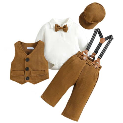 FYMNSI Baby Boy Suit Gentleman Outfit Clothes Set Infant Tuxedo Long Sleeve Dress Shirt+Vest+Suspender Pants+Bowtie+Beret Hat 6-12 Months Kahaki