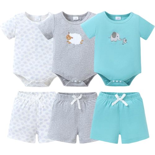 Jecson Conjunto de 6 piezas de camiseta de manga corta de algodón para recién nacido, conjunto de 6 piezas y pantalones cortos para niños de 0 a 18 meses