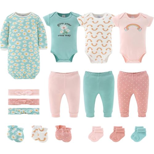 The Peanutshell Baby Layette Gift Set for Girls - 16 Piece New Born Girl Gift Set, Baby Clothes & Newborn Essentials Must Haves - Newborn Clothes 0-3 Months - Carefree Floral