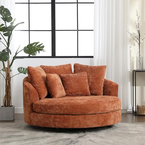 59.8" W Oversized Accent Barrel Chair Large Round Chair with Wheels,Burnt Orange