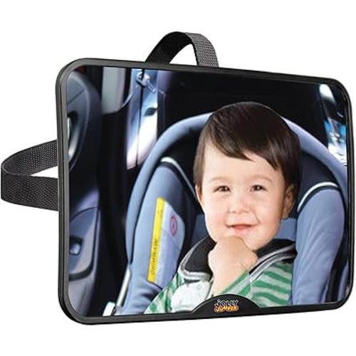 Jolly Jumper Driver's Baby Mirror XL – Rétroviseur de voiture extra grand angle pour siège arrière de voiture pour nourrissons orientés vers l'arrière, résistant aux chocs, sangles d'appui-tête réglables