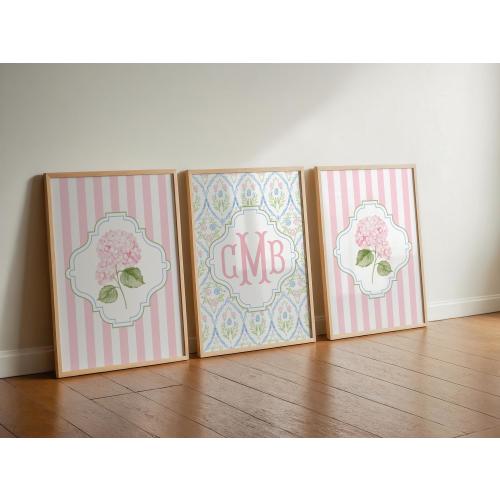 Pink Hydrangea Wall Art Prints, Custom Monogram Print, Pink Dorm Prints Set of 3, Grandmillennial Dorm Wall Art, Pink Blue and Green Nursery