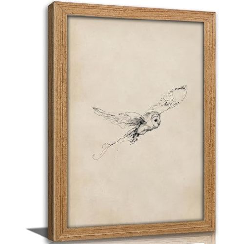 Vintage Solid Wood Framed Flying Owl Sketch Wall Art, Neutral Owl Line Drawing Canvas Print, Farmhouse Minimalist Bird Wall Decor Picture, for Nursery Living Room Bedroom 8x10 inch