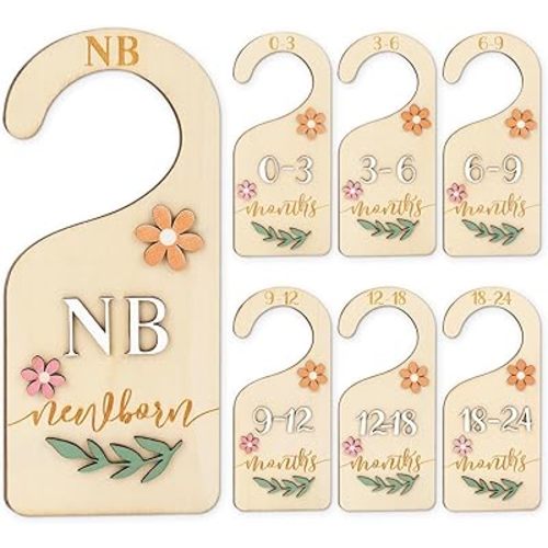 Whaline 7Pcs 3D Daisy Wood Baby Closet Size Dividers with Pink Velvet Bag Newborn to 24 Month Thicken Infant Wardrobe Hanger Organizers for Home Nursery Party Favors