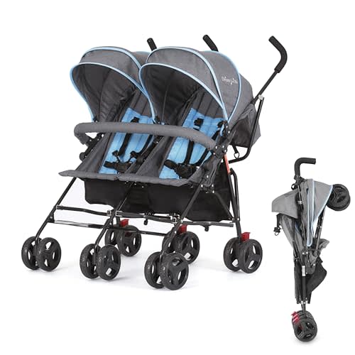 Dream On Me Volgo Side-by-Side Twin Umbrella Toddler Stroller, Blue | 5 Point Safety Harness, Smooth Swivel Wheels, Lightweight, Adjustable Double Canopy, Storage Basket, 40 Lb Limit