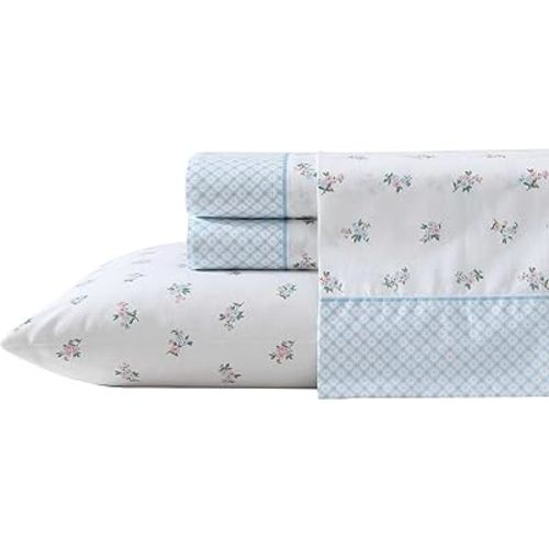 Laura Ashley - Sheet Set, Breathable Percale Cotton Bedding, 200 Thread Count, Deep Pocket, Chic Home Decor (Harperette Blue, King)