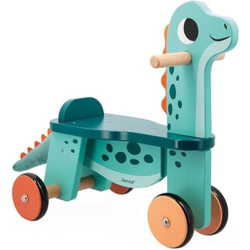 Janod Dino - Ride-On Wooden Dinosaur ‘Portosaurus’ - 18.5” Tall Adorable Scooting Toy with Steerable Front Wheels - Includes Plush Tail - Ages 12 Months- 4 Years - J05828