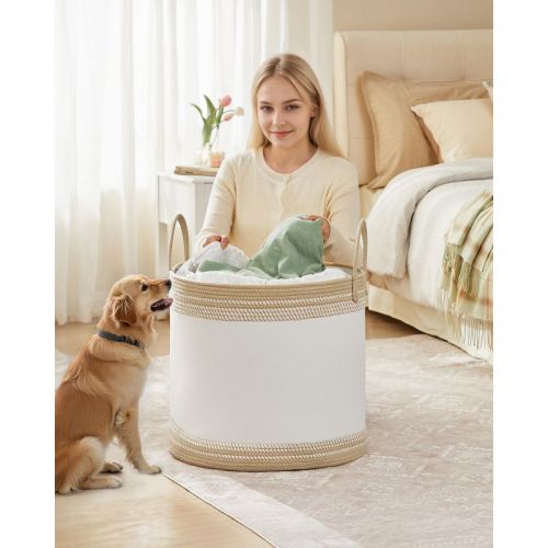 SONGMICS Laundry Hamper, 23.8 Gal. Laundry Basket, Laundry Bag with Lid, with Handles, Drawstring, for Clothing, Blankets, 19.7 x 19.7 x 18.1 Inches