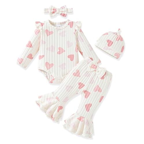 Vibebox Newborn Baby Girl Clothes Fall Coming Home Outfits Set Preemie-12M | Newborn Essentials, Winter Long Sleeve Ruffle Romper Bell Bottom Pants , Matching Clothing , Snap Closures,Headband and Hat