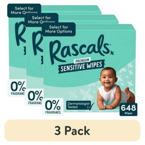 (3 pack) Rascals Premium Sensitive Alcohol Free Baby Wipes, 648 Count (Select for More Options)