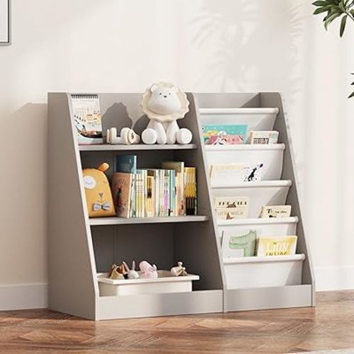 NACHES 3 Tier Kid Bookshelf Wooden 4 Sling Children Bookcase Toddler Montessori Bookcase Book Rack Display Toy Storage Organizer Book Display Shelf Stand Classroom Bedroom Nursery Playroom (Grey)