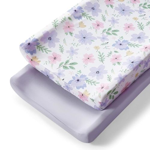TILLYOU Changing Pad Cover Girl Set in Soft Jersey Material - Fits 32"/34''x16 Contoured Pad for Babies, Brilliant Little Flowers and Purple