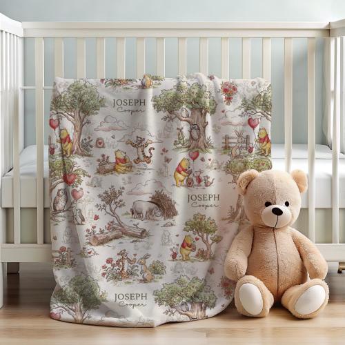 Custom Colorful Classic Pooh Inspired Baby Blanket Personalized Name Velveteen Woodland Nursery Keepsake Gift Vintage Pooh Bear Baby Gifts