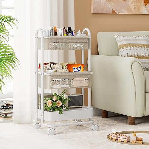 Baby Diaper Caddy Organizer Cart - 3 Tier Rolling Storage Cart with Wheels, Baby Essentials Nursery Storage, Detachable Dividers - for Crib, Bedroom, Art & Craft Organizer (Off White)