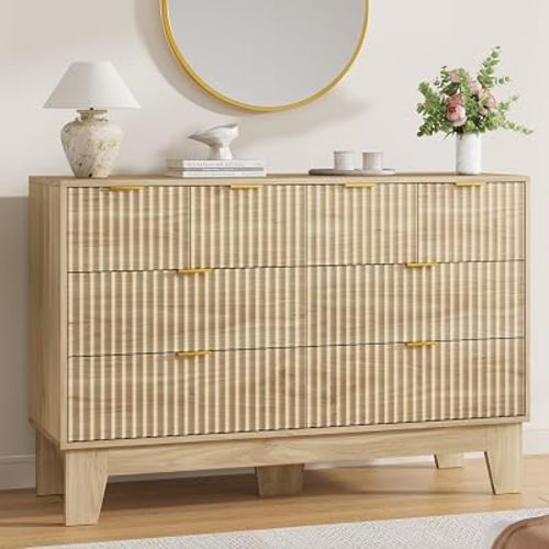 Garvee 8 Drawer Dresser for Bedroom, 47" Wide Fluted Chest of Drawers, Oak