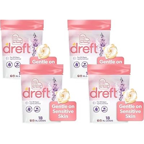 Dreft Laundry Detergent XL Pacs, Light Scent, Lavender, 18 Count (Pack of 4)