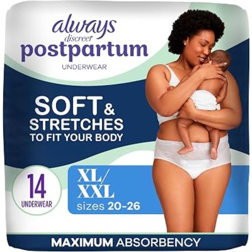 Amazon.com: Always Discreet Postpartum, Reimagined Adult Diapers for Women, Maximum Absorbency Postpartum Underwear Size XL/XXL, Up to 100% Leak Free Bladder Leak Protection, 14 Count​ : Health & Household