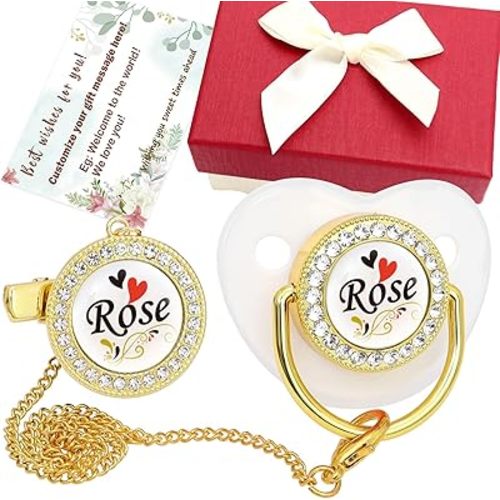 Personalized Pacifier Set with Name, BPA Free, Bling Gold Silver Pink Rose Gold Luxurious Ideal Gift for Newborns (White)