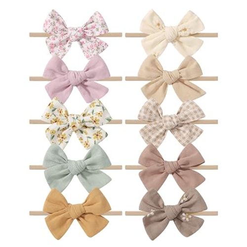 10PCS Baby Girls Headbands Hair Bows Nylon Cotton Linen Hairbands | Fine Handmade Hair Accessories for Newborn Infant Toddlers Little Girls-Embroidered Flower