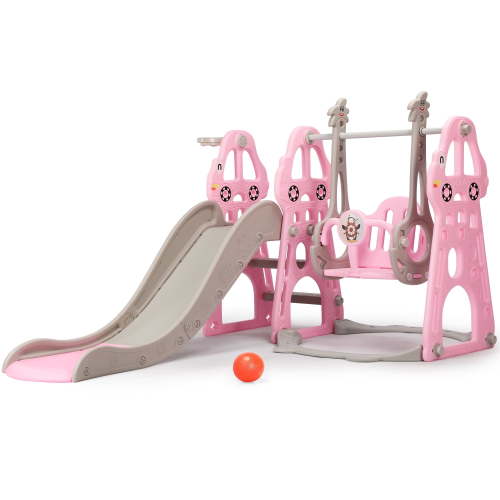 Easoger 4 in 1 Indoor Toddlers Pink Climber Slide BasketBall Hoop and Long Slide Swing and Slide Set