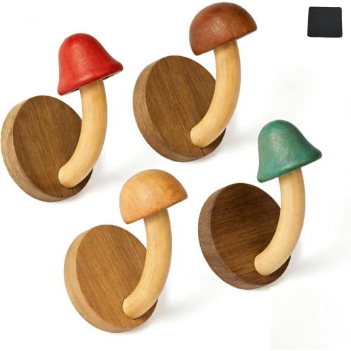 4PCS Wooden Mushroom Coat Hooks, Mushroom-Shaped Wall Mounted Towel Hanger, Cute Wall Hooks for Bathroom Bedroom Kitchen Towel
