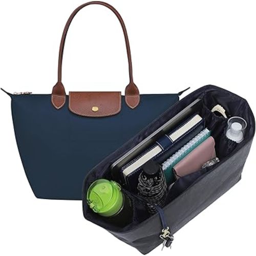 Doxo Purse Organizer Insert for Longchamp Le Pliage Large, 6-Compartment Bag Organizer with YKK Zipper Pocket, Cup Holder, Key Chain, Waterproof DupontPaper Lightweight Handbag Shaper (Black Blue,L)