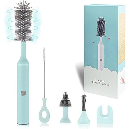 Electric Bottle Brush, 4 Piece Bottle Brush Set with Baby Bottle Brush Cleaner, Nipple Brush, Pacifier Cleaner, Straw Cleaner Brush, Gifts for Newborns and Mothers, Blue