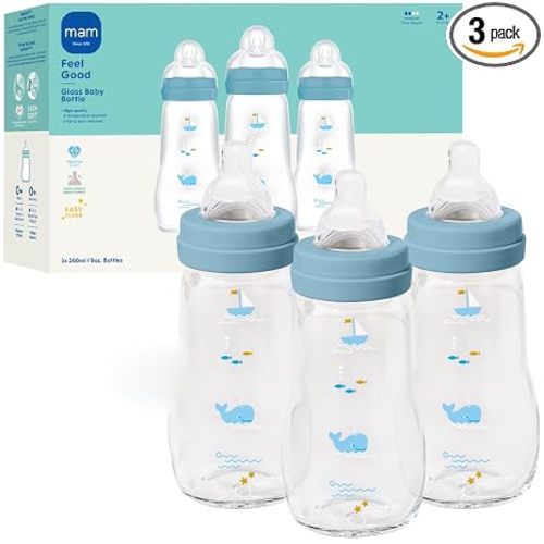 MAM 9oz Pure Glass Feel Good Anti-Colic 2+ Months Baby Bottle, 3 Pack, Boy | Medium Flow Skin Soft Silicone Nipple, Easy Clean, BPA Free, Easy Switch Between Breast & Bottle, Made In Europe