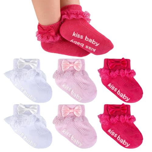 Baby Girl Ruffle Socks with Bow Grips Turn Cuff Ankle Lace Frilly Dress Socks for Newborn/Infant/Toddler/Little Kids