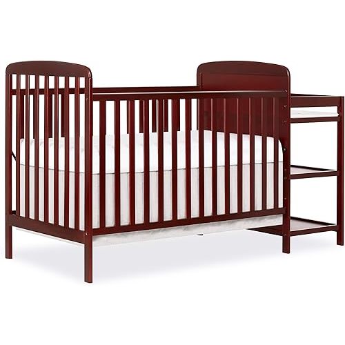 Dream On Me Anna 3-in-1 Convertible Full-Size Baby Crib & Changer with Storage in Cherry, GreenGuard Gold & JPMA, Pinewood, Converts to Day & Toddler Bed, 3 Mattress Heights, 1″ Changing Pad