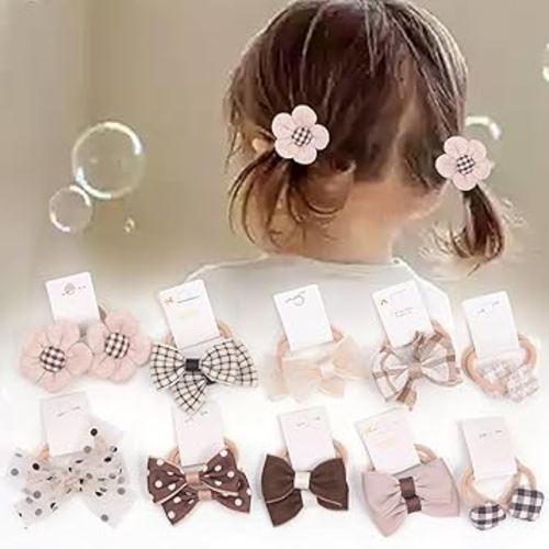 Boutique Baby Hair Bows and Elastics, 20 Pcs Toddler Ponytail Holders with Bows, 1.2 Inch Pigtails Rubber Bands Hair Accessories for Little Girls (Set-D)