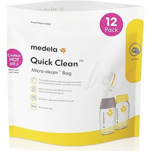Medela Quick Clean Microwave Sterilizer Bags for Bottles and Breast Pump Parts, Reusable Up to 20 Times Per Bag, Food-Grade Material, Made Without BPA, Pack of 12
