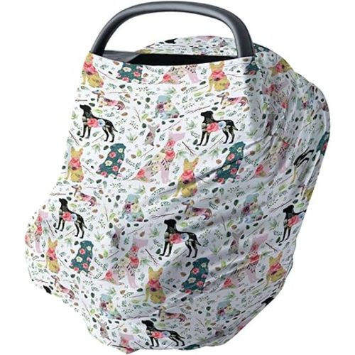 HawSkgFub Boho Dog Floral Foliage 5-in-1 Car Seat Cover for Baby Girls Shower Gift, Puppy Pink Green Flowers Leaf Privacy Breastfeeding Nursing Cover, Newborn Infant Multi-use Carseat Canopy Carrier