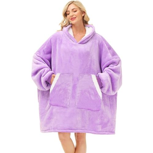 Kipswiza Oversized Wearable Blanket Hoodie for Women & Men, Cozy Sherpa Fleece Blankets Sweatshirt Lounging Pullover Birthday Gifts for Mom Sisters Girls Boys, Purple