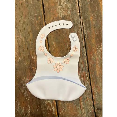 Pink necklace with blue no drip baby bib