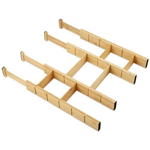 Bamboo Drawer Dividers with 6 Inserts, Expandable Drawer Organizer, Spring Loaded Adjustable Kitchen Drawer Organizer for Clothes Silverware Knife Utensil, Drawer Separators 4-Pack (17-22 inch)